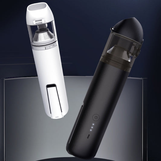 Two handheld cordless car vacuum cleaners, one white and one black, with transparent dust cups.