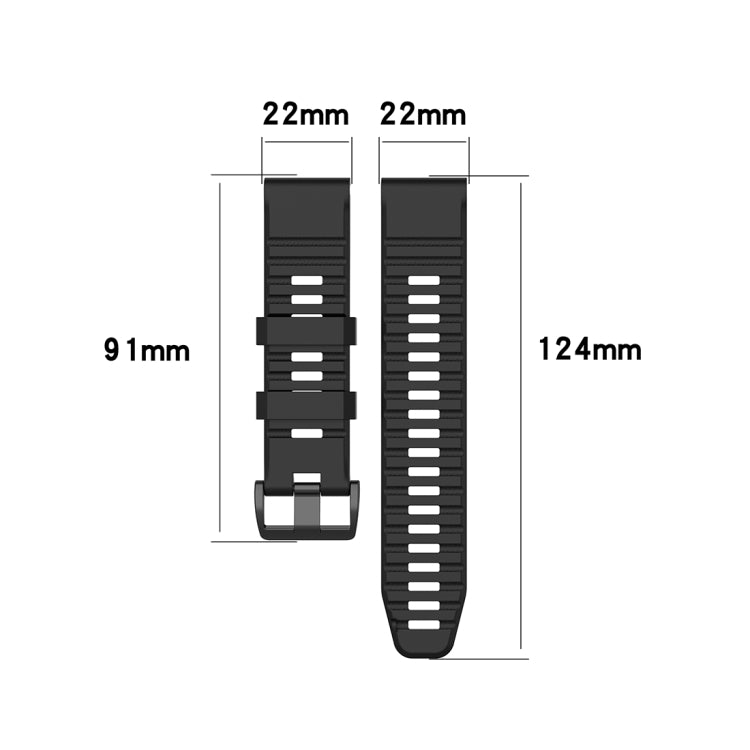 22mm black quick-release wrist strap dimensions, buckle and strap length shown