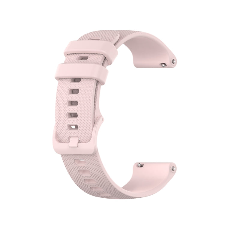 Rose pink 20mm silicone watch strap with small plaid texture, side view of buckle