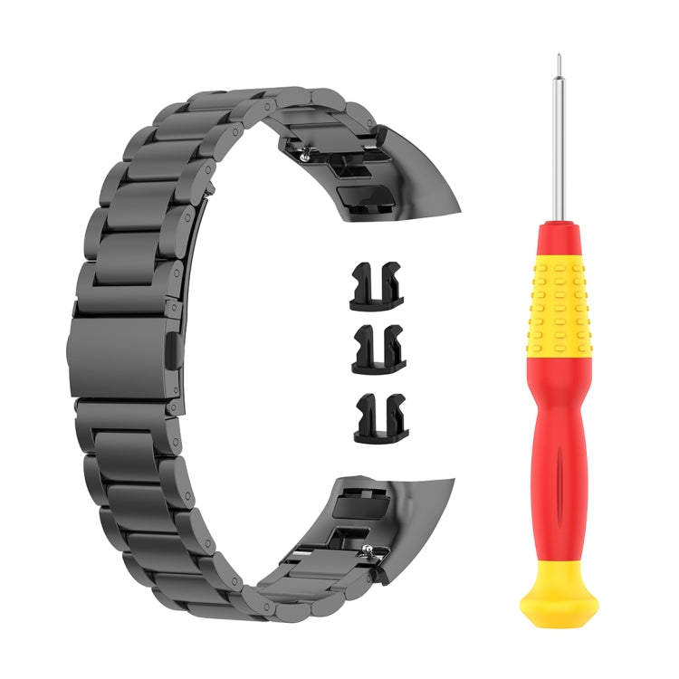 Black three-bead steel watchband with installation tool and replacement pins
