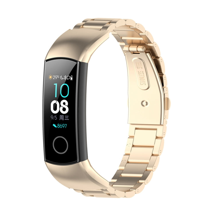 Champagne gold metal three-bead watch strap with fitness tracker display