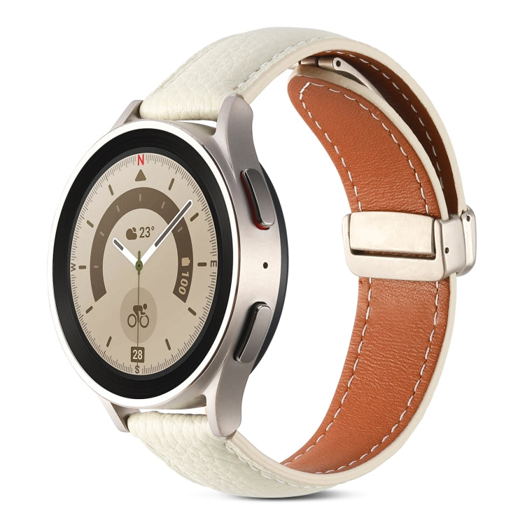 Genuine leather watch band with fold buckle, off-white strap with brown stitching