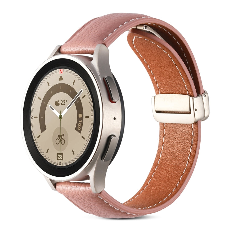 Genuine leather watch band with fold buckle, dark pink strap with brown stitching