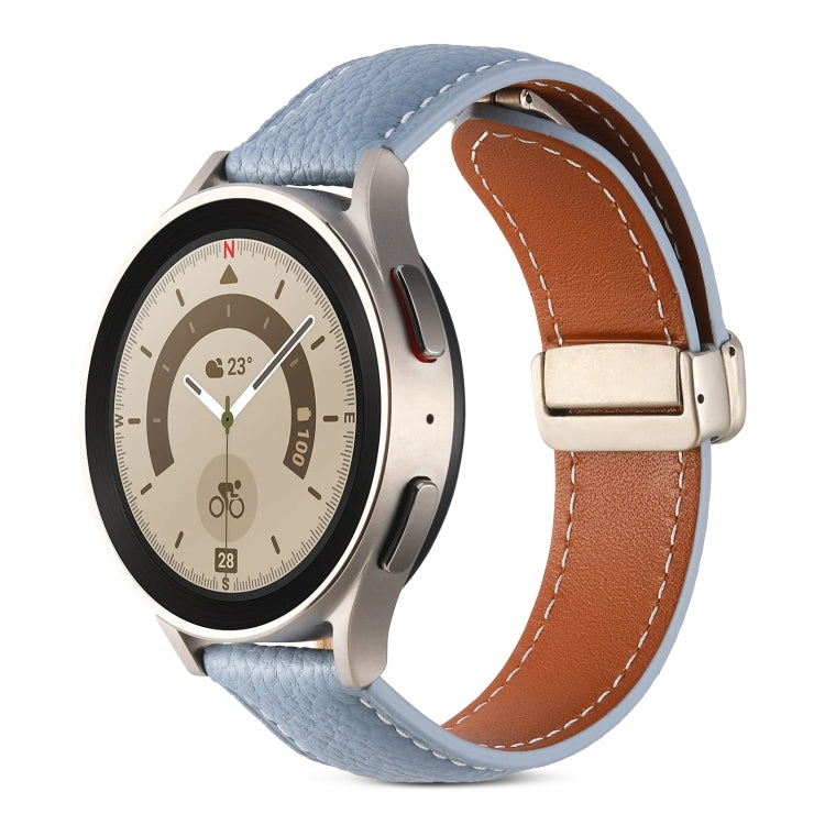 Genuine leather watch band with fold buckle, sky cloud blue strap with brown stitching