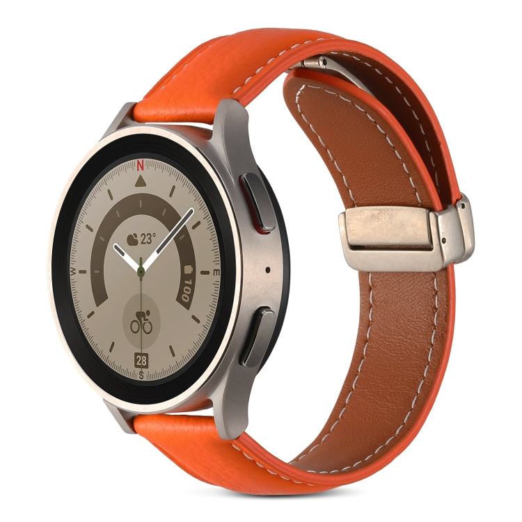 Genuine leather watch band with fold buckle, orange leather strap with brown stitching