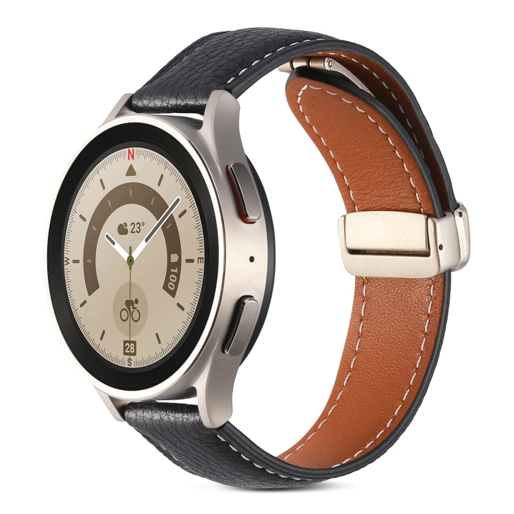 Genuine leather watch band with fold buckle, black leather strap with brown stitching