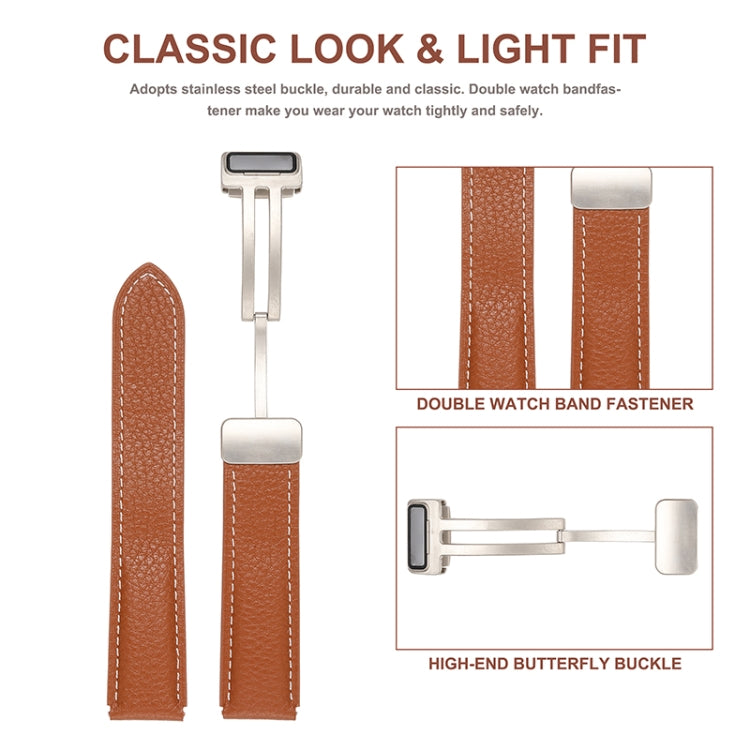 Folding buckle genuine leather watch band with dark brown strap and metal clasp