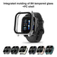 Integrated tempered glass watch case on smartwatch with dark band