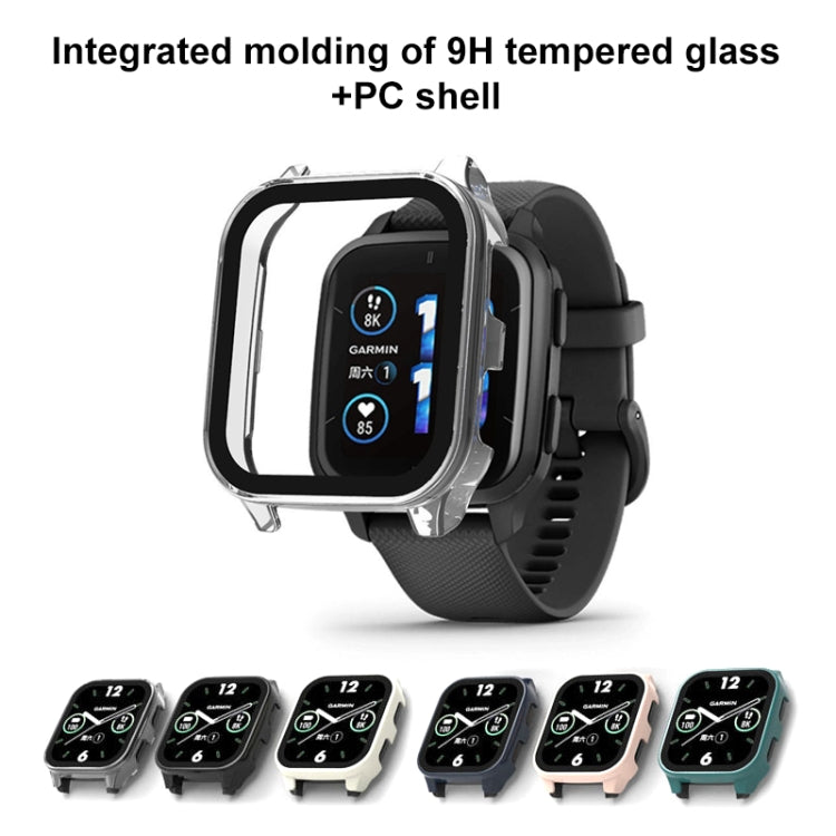 Integrated tempered glass watch case on smartwatch with dark band