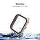 Rose pink tempered glass watch case with black frame shown with water