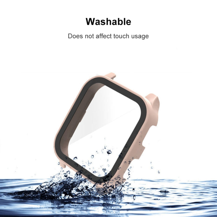 Rose pink tempered glass watch case with black frame shown with water