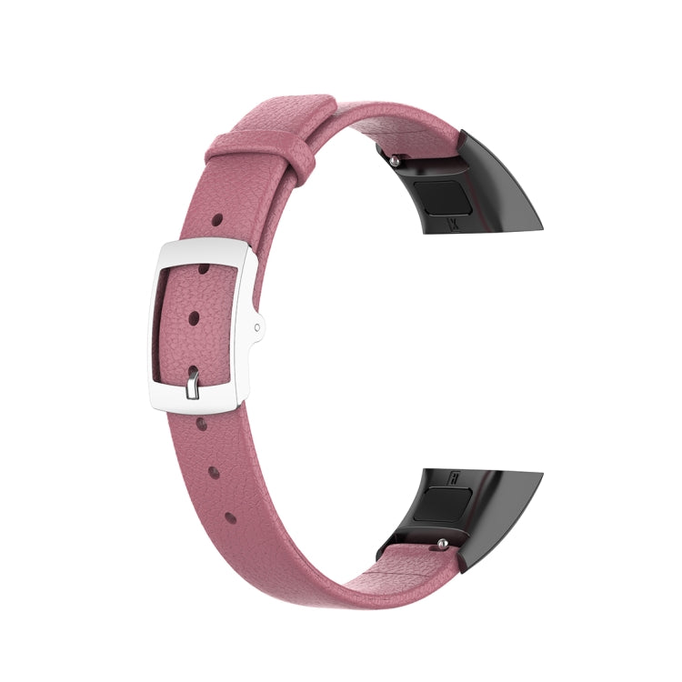 Pink genuine leather watch strap with white buckle and multiple adjustment holes