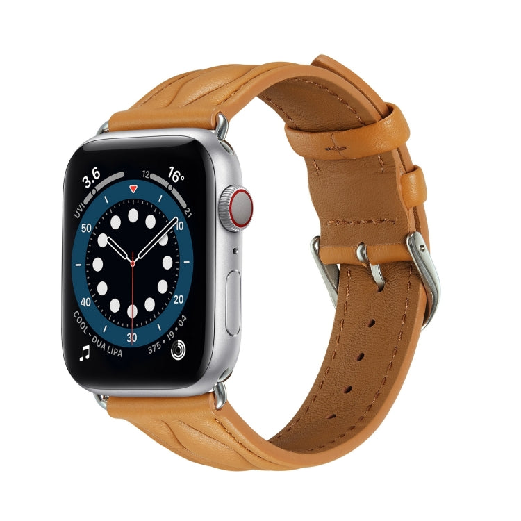 Brown leather watch strap with wave texture and metal buckle, for Apple Watch