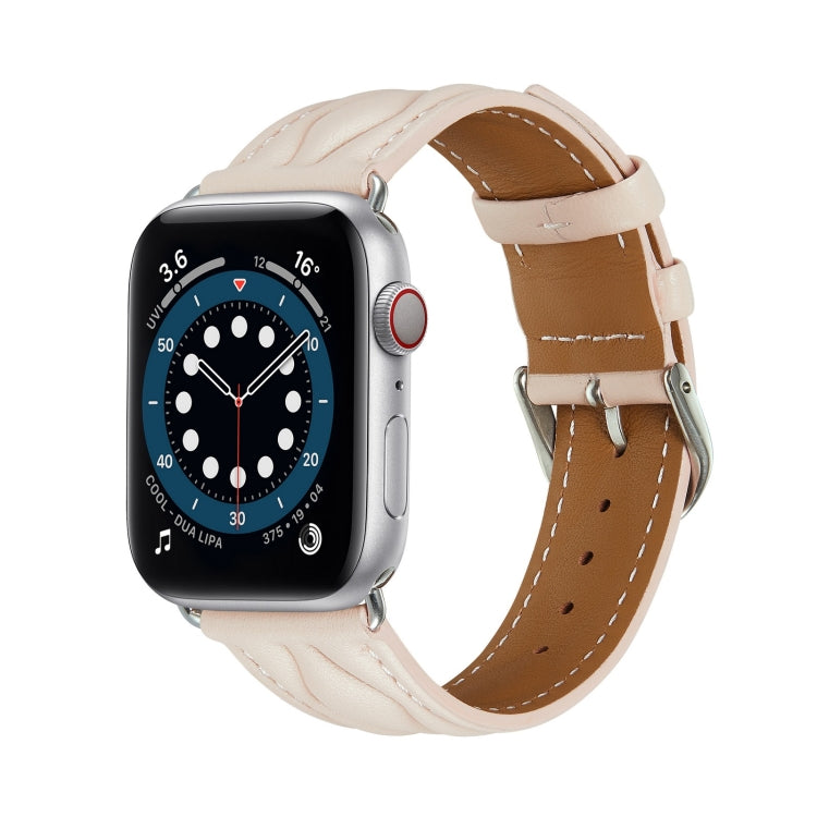 Light beige leather watch strap with wave texture and metal buckle, for Apple Watch