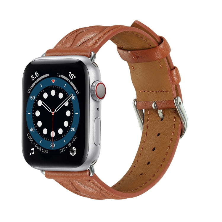 Rust-brown leather watch strap with wave texture and metal buckle, for Apple Watch