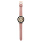 Light pink fluted leather watch band with stitched holes and metal buckle.