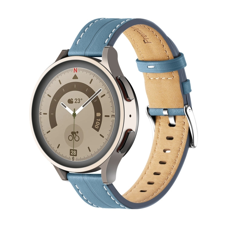 Blue fluted leather watch band with stitched edge and perforated strap holes