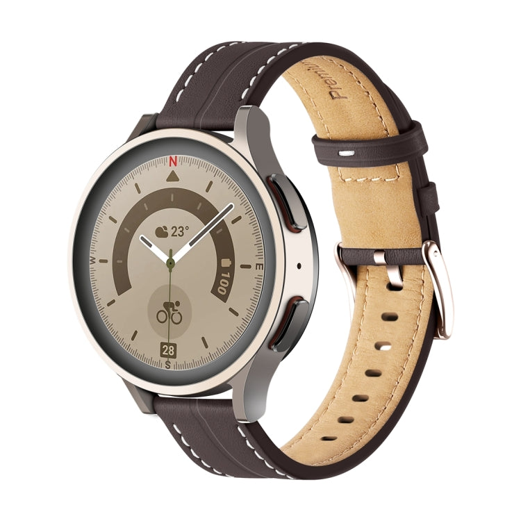 Dark brown fluted leather watch band with stitched edge and perforated strap holes