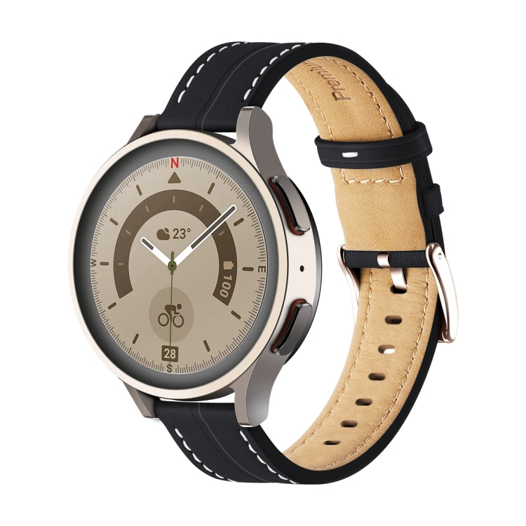 Black fluted leather watch band with stitched edge and perforated strap holes