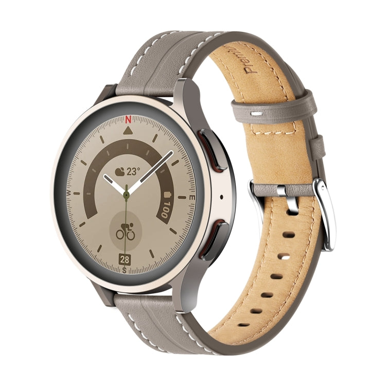 Gray fluted leather watch band with stitched edge and perforated strap holes