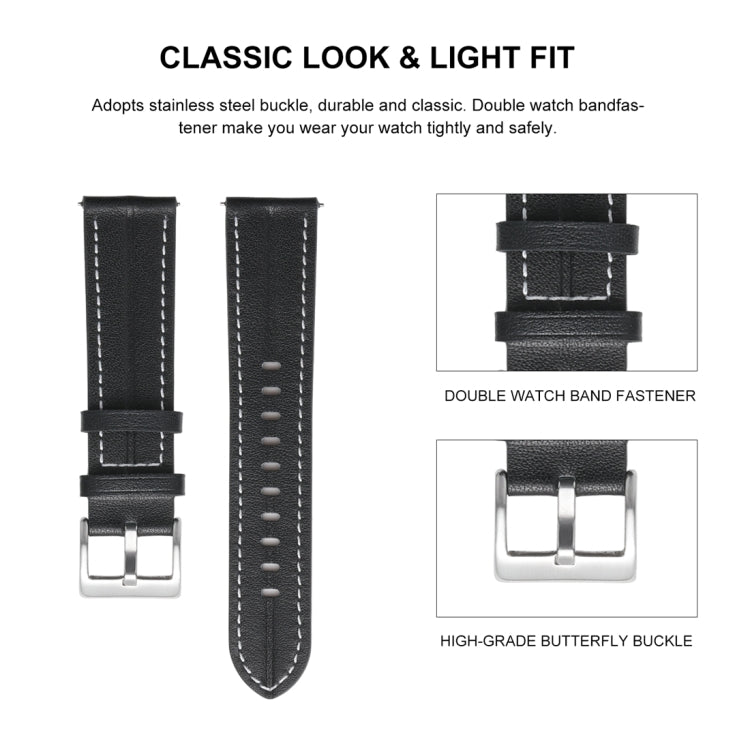 Black fluted leather watch band with metal buckle and stitched strap holes
