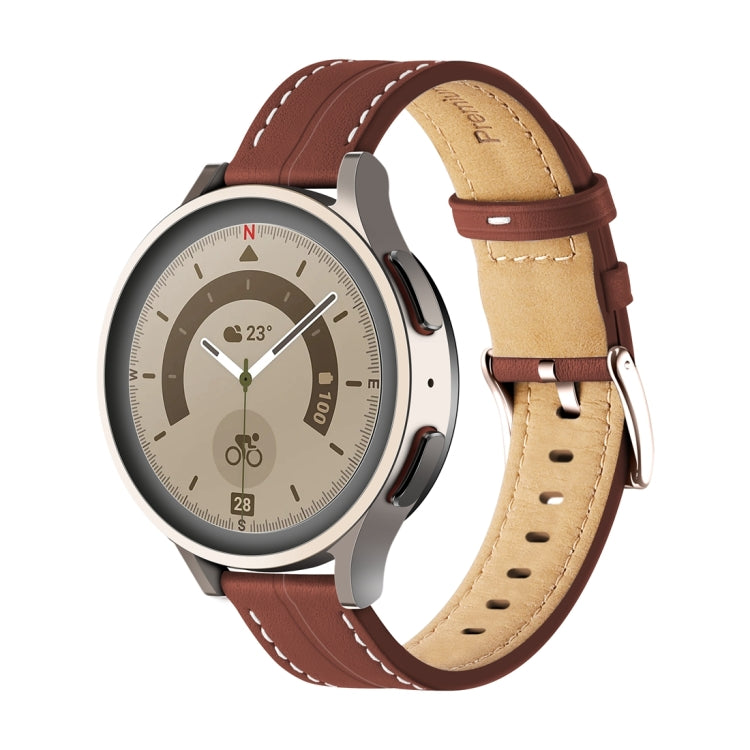 Coffee brown fluted leather watch band with stitched edge and perforated strap holes