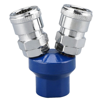 Pneumatic self-lock connector with blue body and two chrome quick-fit ports