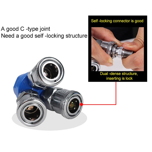 Pneumatic C-type self-lock joint with blue base and two chrome connection ends