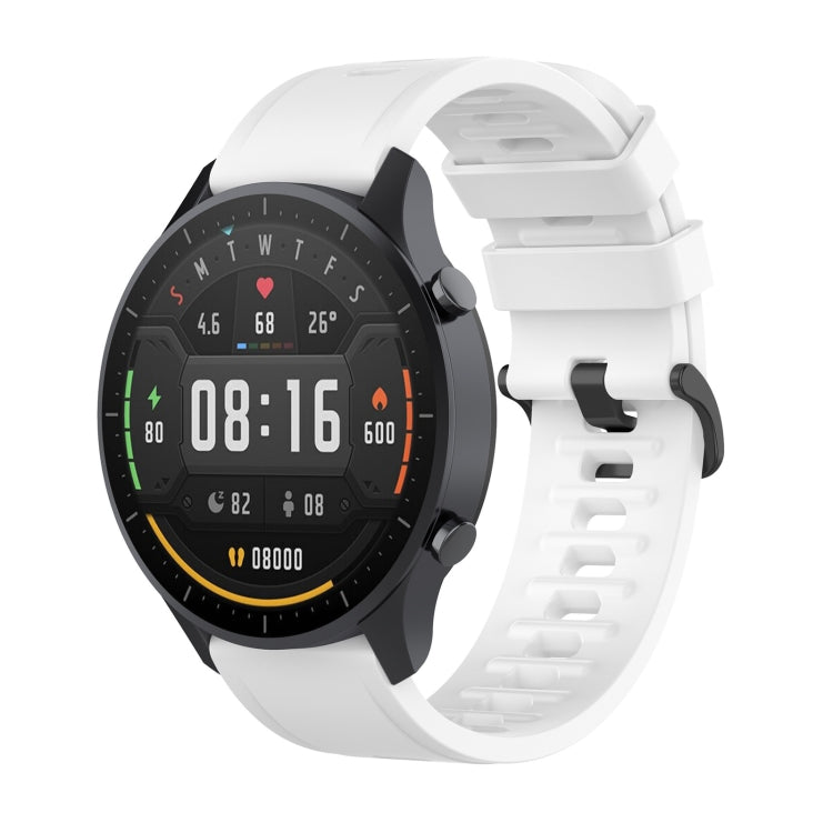 White silicone strap with quick release clasp and black round smartwatch display