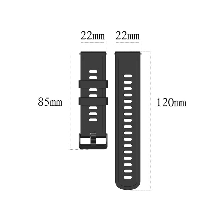 Black 22mm silicone watch strap size diagram with length and width markings