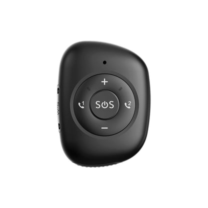 Black emergency SOS button tracker with circular controls and SOS button on front