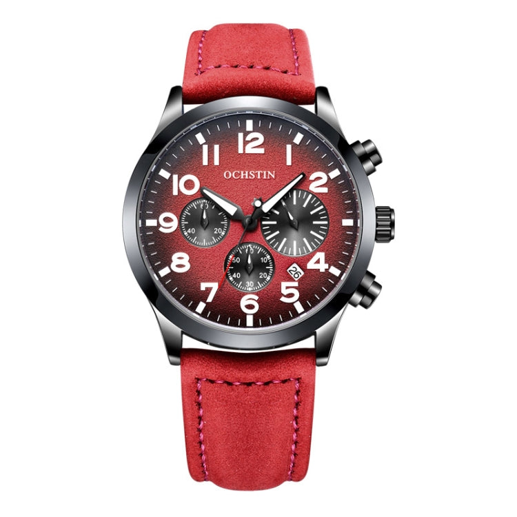Ochstin men's quartz watch with red leather strap, dark dial, and chronograph subdials