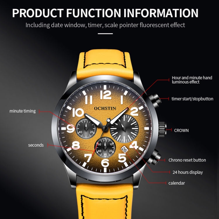 Ochstin men's quartz watch with yellow leather strap and dark chronograph dial