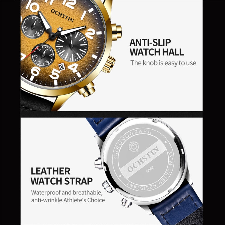 Ochstin men's quartz watch with blue leather strap, showing crown and caseback details