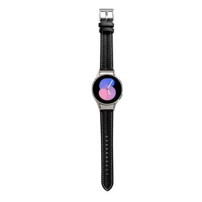 Genuine leather watch band with metal buckle, black strap with stitched holes