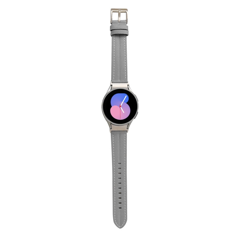 Genuine leather watch band with metal buckle, light gray strap with stitched holes