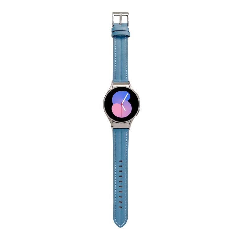 Genuine leather watch band with metal buckle, blue strap with stitched holes