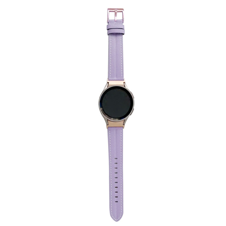 Genuine leather watch band with metal buckle, light purple strap with stitched holes