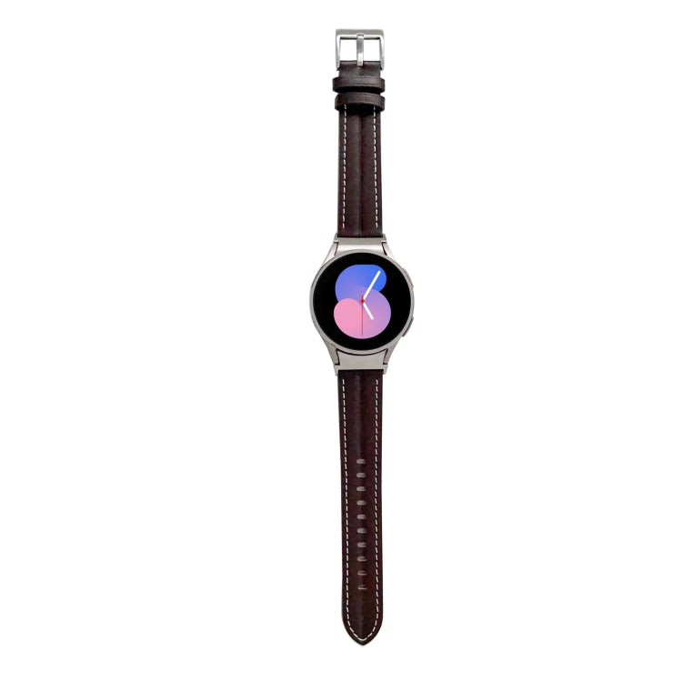 Genuine leather watch band with metal buckle, dark brown strap with stitched holes