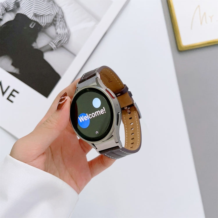 Brown grooved genuine leather watch band with metal clasp on smartwatch
