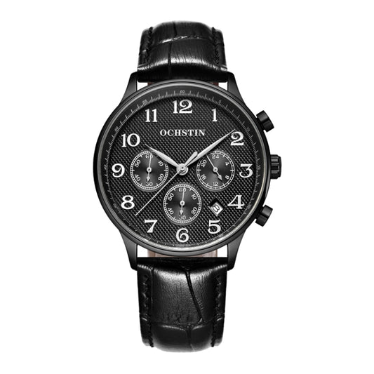 Men's black leather quartz watch with multi-dial black face and right-side crown, Ochstin 6050E