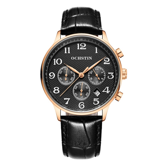 Men's black leather quartz watch with rose-gold case, black multi-dial face, Ochstin