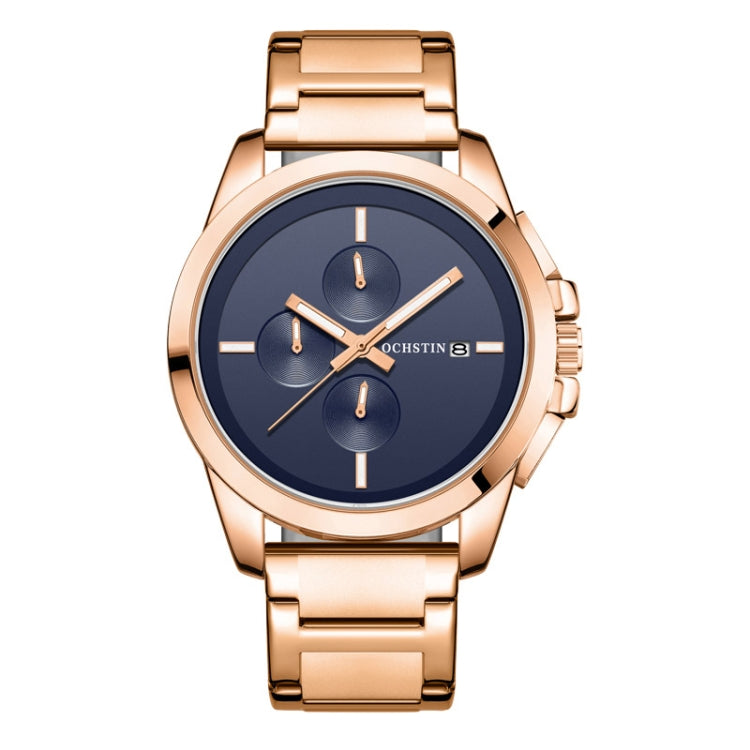 Men's OCHSTIN quartz watch, rose-gold steel band, blue three-dial face