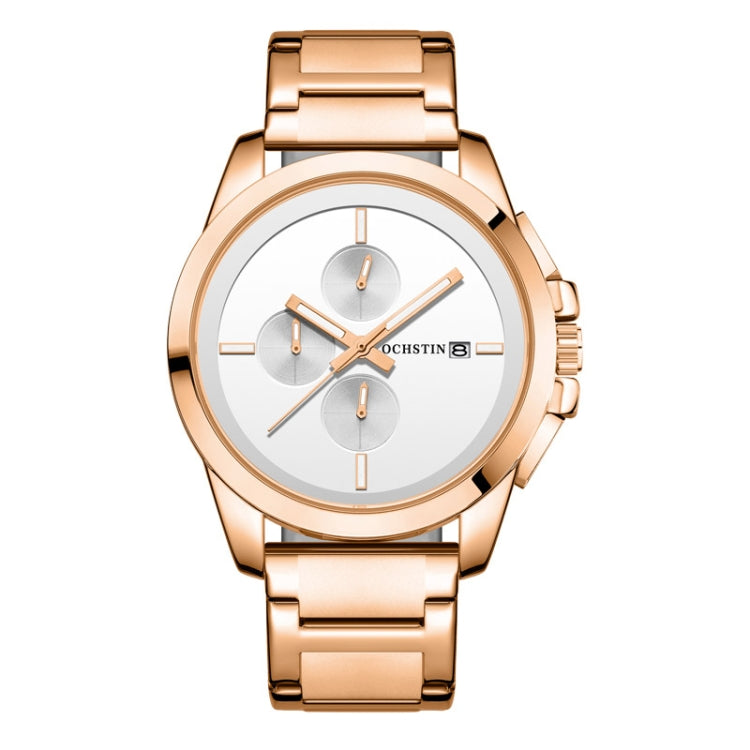 Men's OCHSTIN quartz watch, rose-gold steel band, white three-dial face