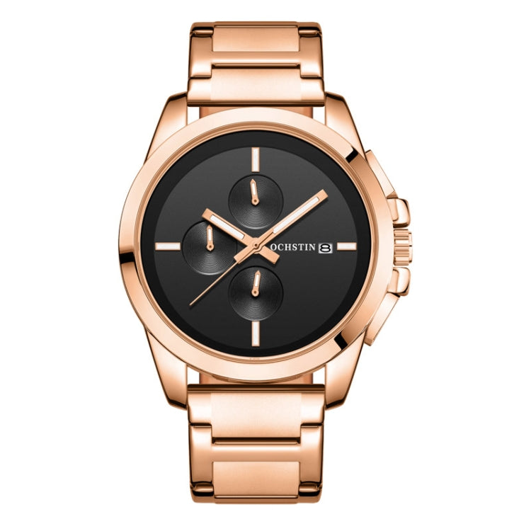 Men's OCHSTIN quartz watch, rose-gold steel band, black three-dial face