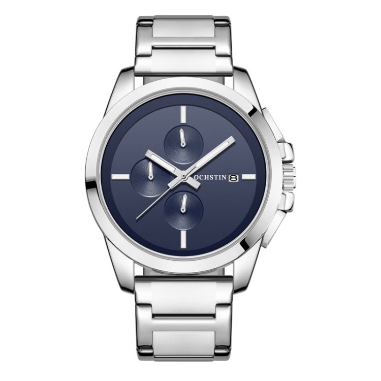 Men's OCHSTIN quartz watch, silver steel band, blue three-dial face