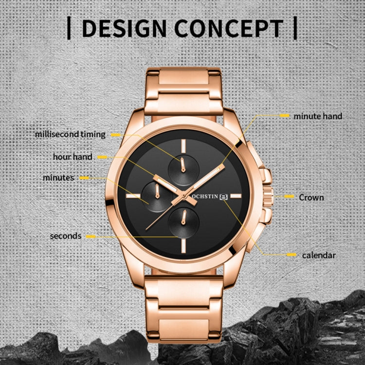 OCHSTIN quartz wristwatch with rose-gold steel band and black three-dial face