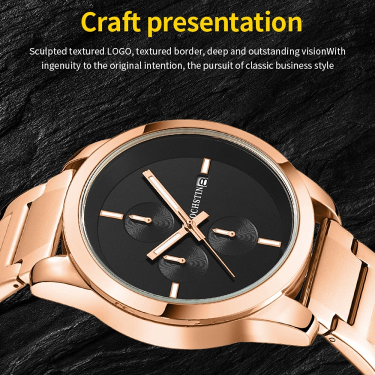 OCHSTIN quartz watch close-up, rose-gold case, black three-dial face