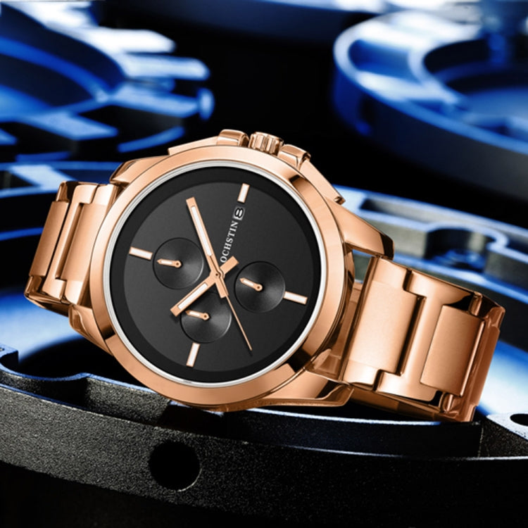 Men's rose gold quartz watch with black dial and steel link bracelet