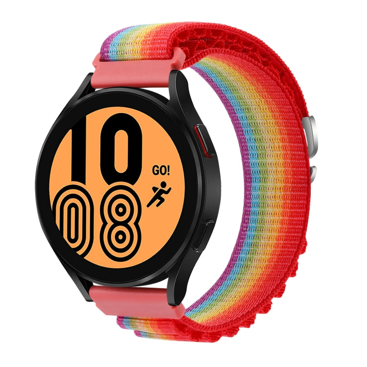 Rainbow nylon watch band with black clasp and woven strap texture